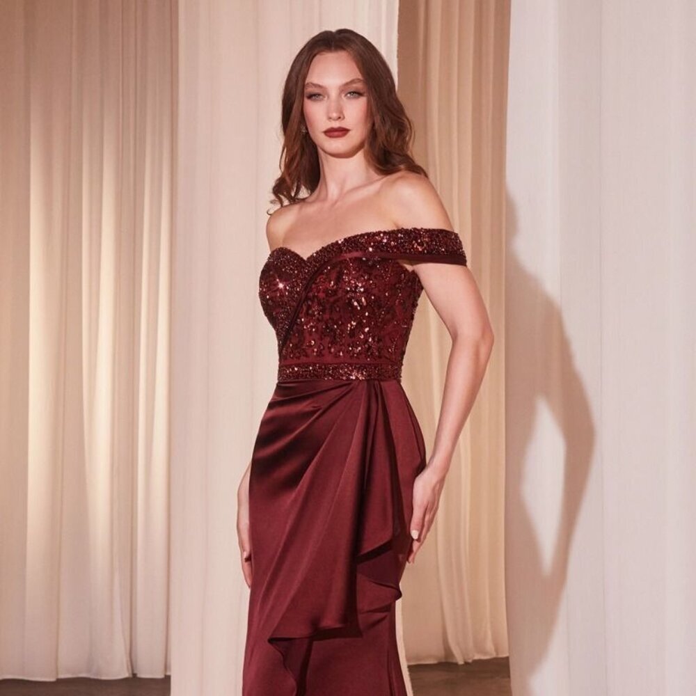 NEW FORMAL SHEATH OFF THE SHOULDER SATIN DRESS W/ SEQUINS EMBROIDERY CD CR877